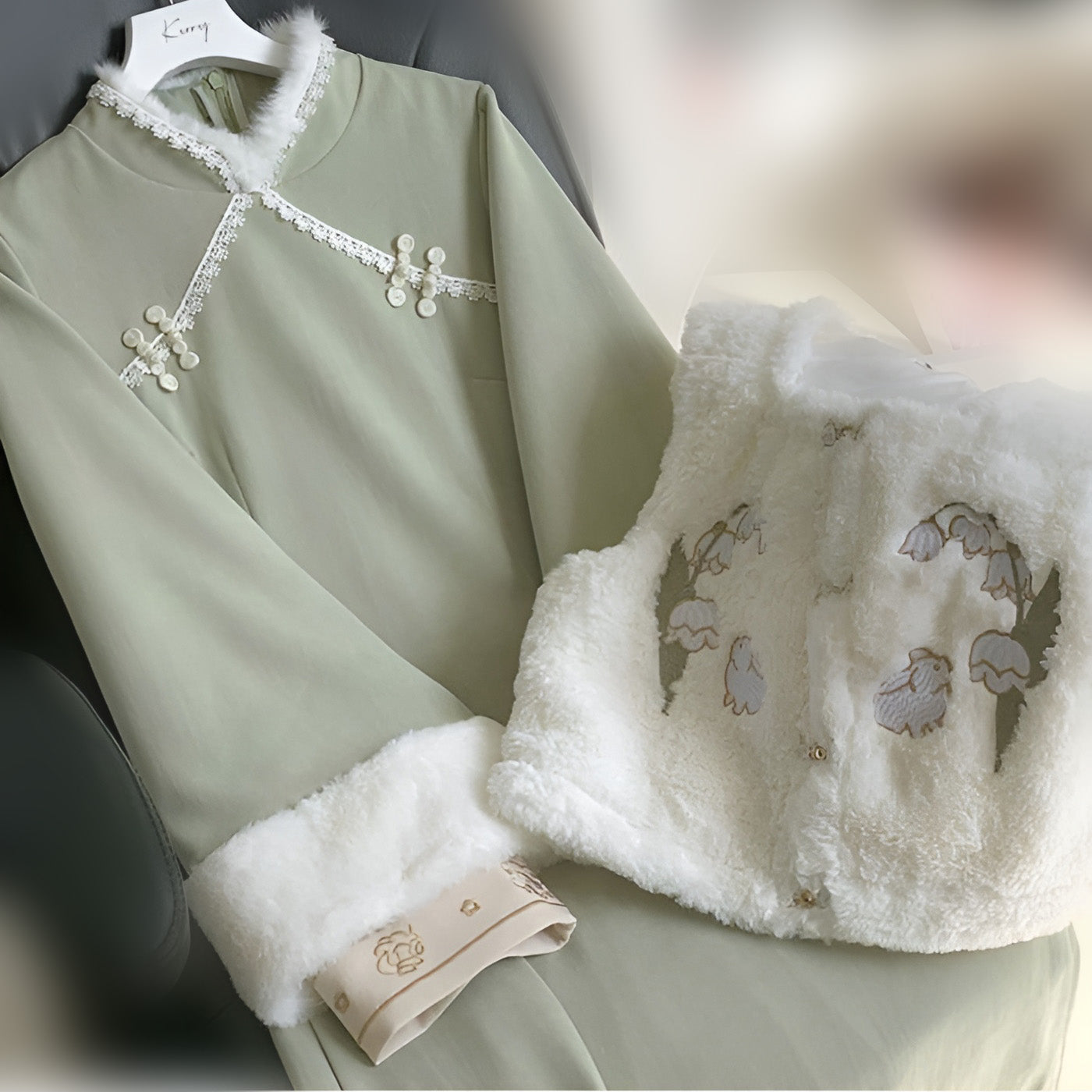 Woman wearing a Classic Republican-Style Qipao Winter Set, featuring retro elements and modern comfort.
