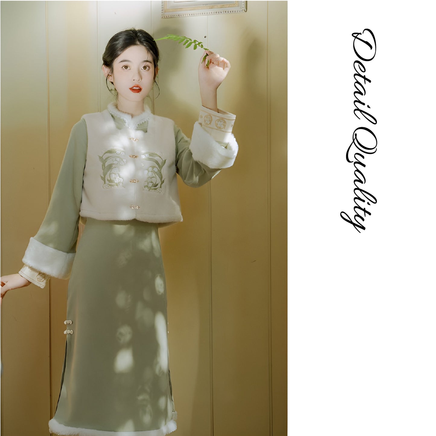 Woman wearing a Classic Republican-Style Qipao Winter Set, featuring retro elements and modern comfort.