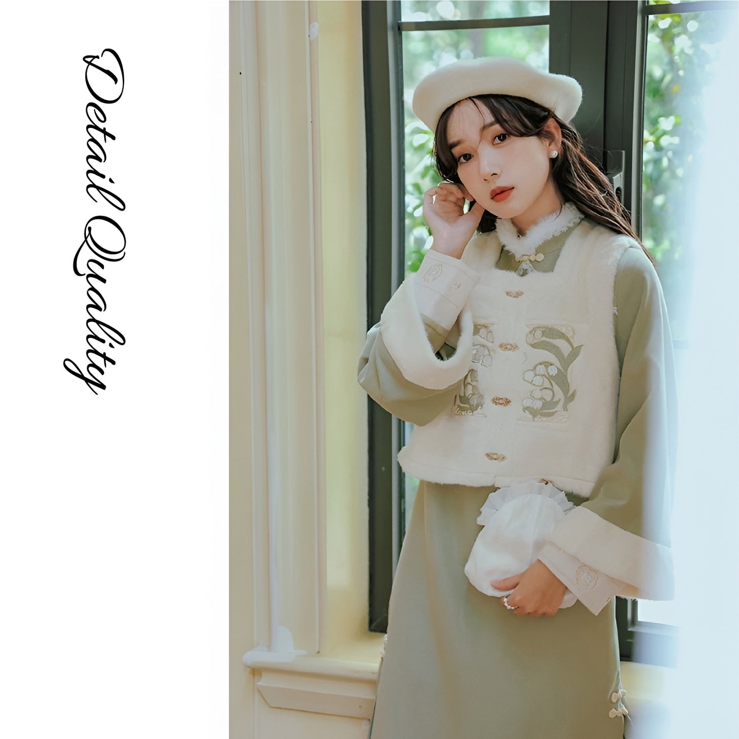 Woman wearing a Classic Republican-Style Qipao Winter Set, featuring retro elements and modern comfort.
