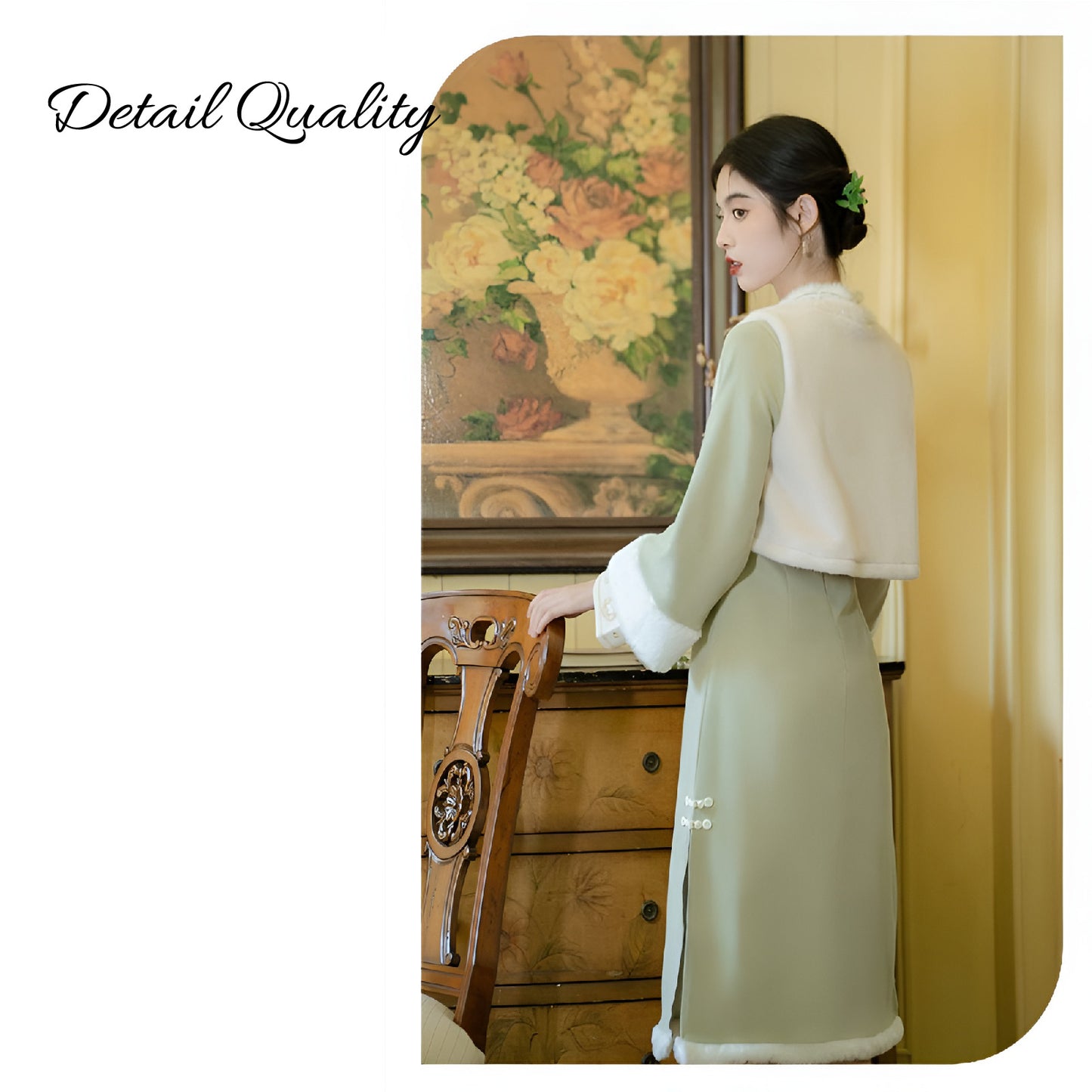 Woman wearing a Classic Republican-Style Qipao Winter Set, featuring retro elements and modern comfort.