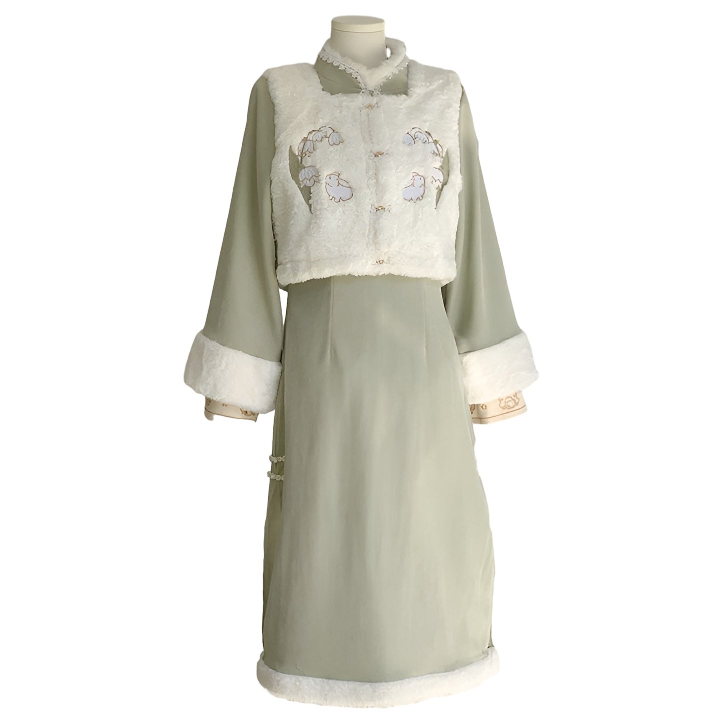 Woman wearing a Classic Republican-Style Qipao Winter Set, featuring retro elements and modern comfort.