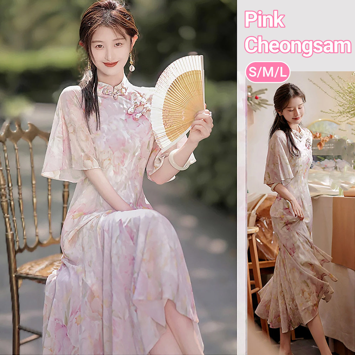 Woman wearing a luxurious modern cheongsam with delicate floral patterns, available in S, M, L.