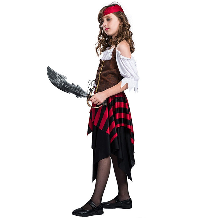 Girls' Pirate Cosplay Dress with Red Stripes & Corset