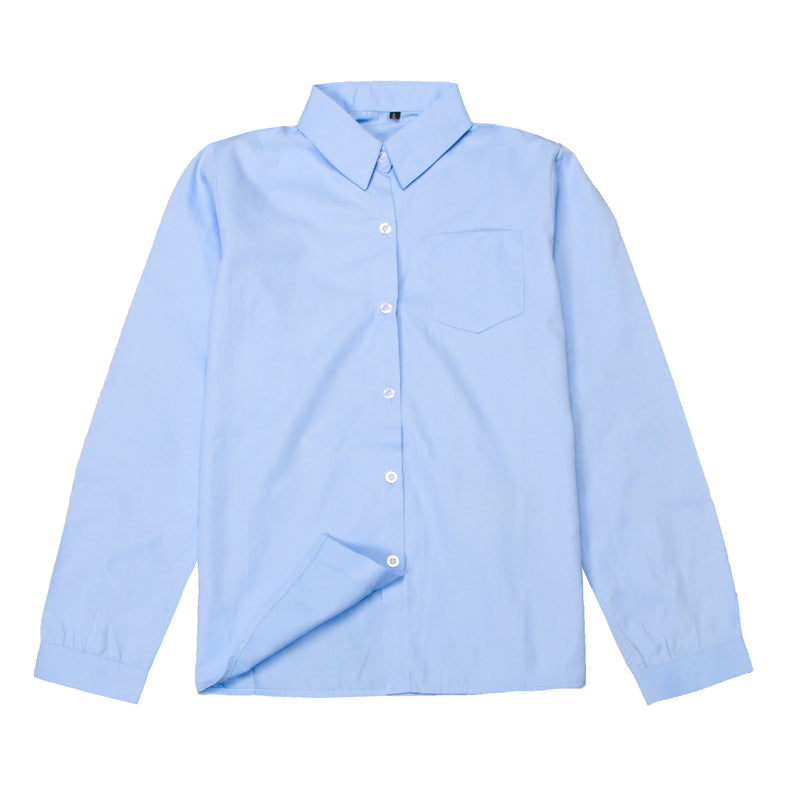 Girls Peter Pan Collar Long Sleeve School Shirt - Classic Uniform Top in White and Light Blue
