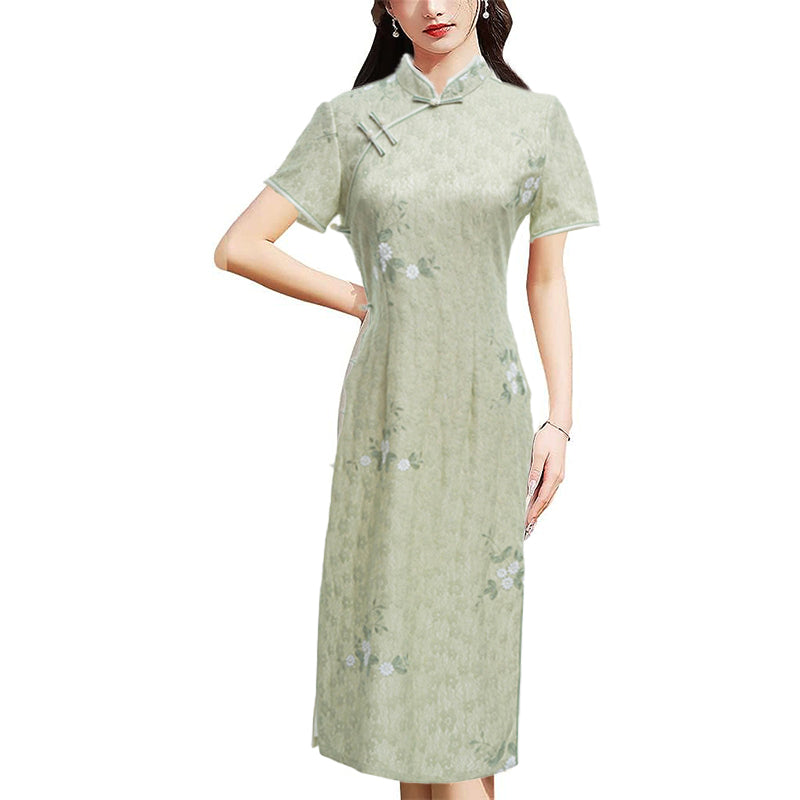 Woman wearing a pastel green modern Cheongsam dress with floral lace embroidery,
