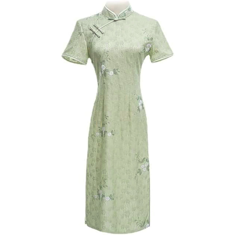 Woman wearing a pastel green modern Cheongsam dress with floral lace embroidery,