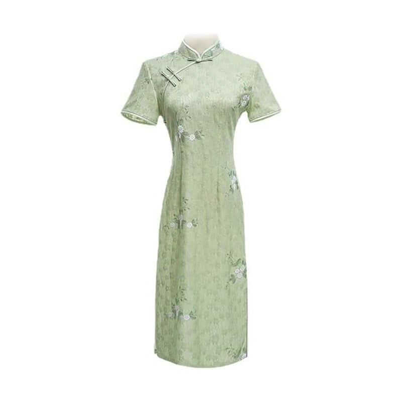 Woman wearing a pastel green modern Cheongsam dress with floral lace embroidery,