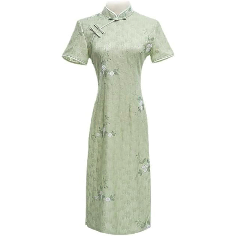Woman wearing a pastel green modern Cheongsam dress with floral lace embroidery,