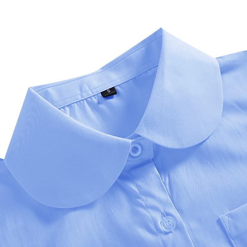 Girls Peter Pan Collar Long Sleeve School Shirt - Classic Uniform Top in White and Light Blue