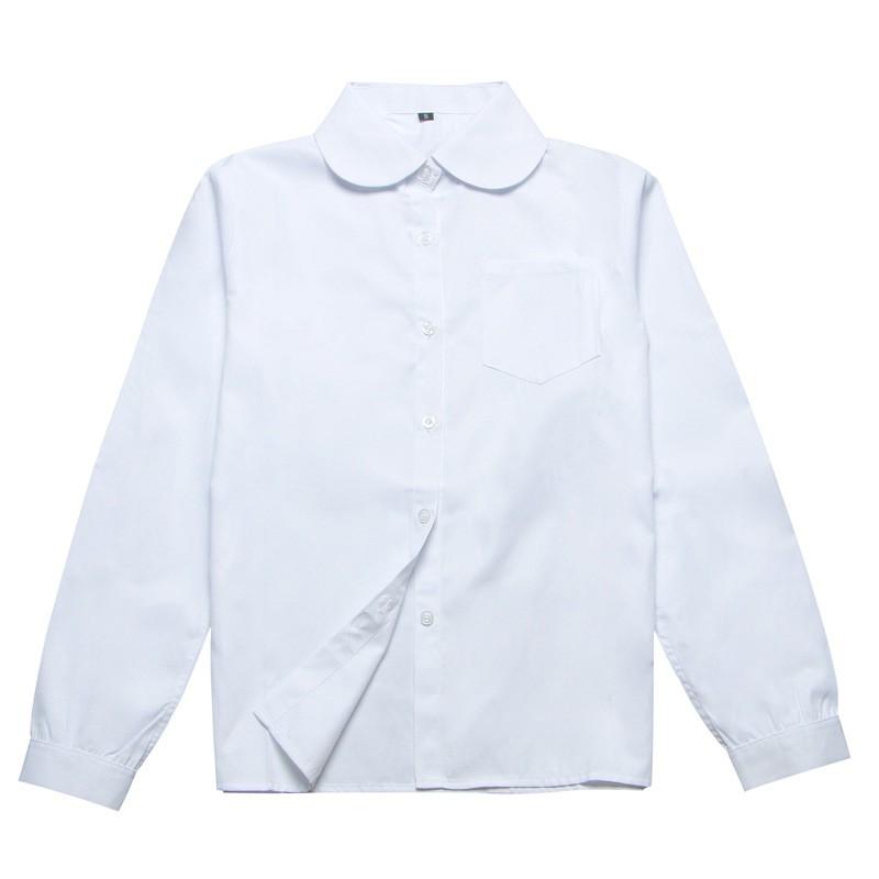 Girls Peter Pan Collar Long Sleeve School Shirt - Classic Uniform Top in White and Light Blue