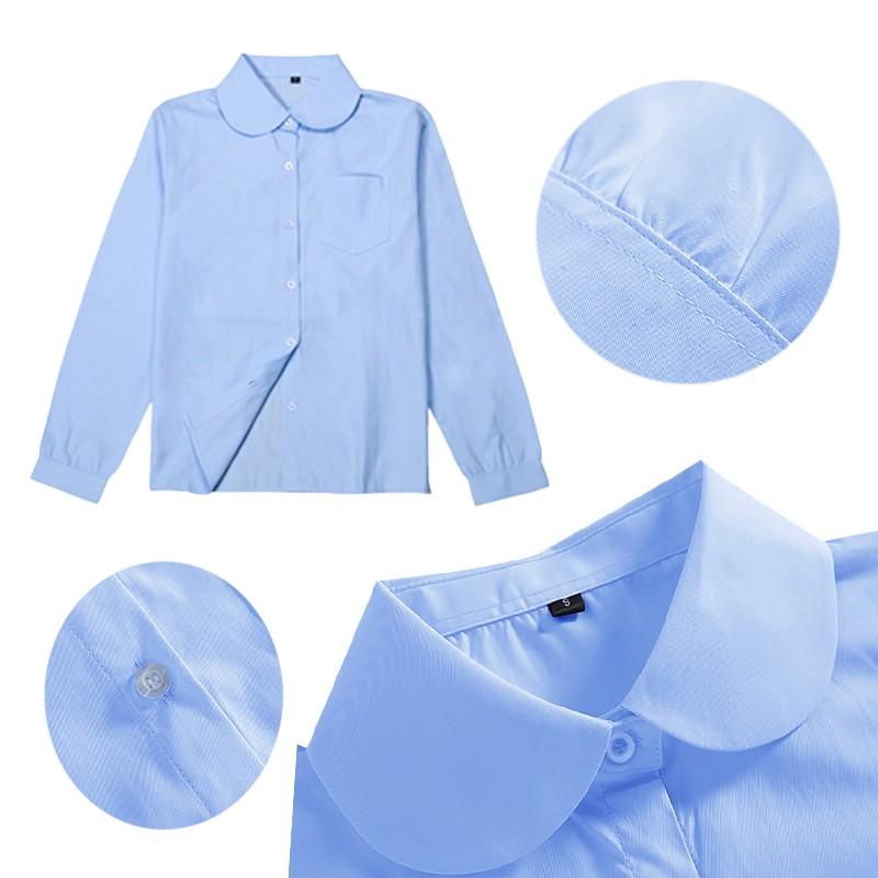 Girls Peter Pan Collar Long Sleeve School Shirt - Classic Uniform Top in White and Light Blue