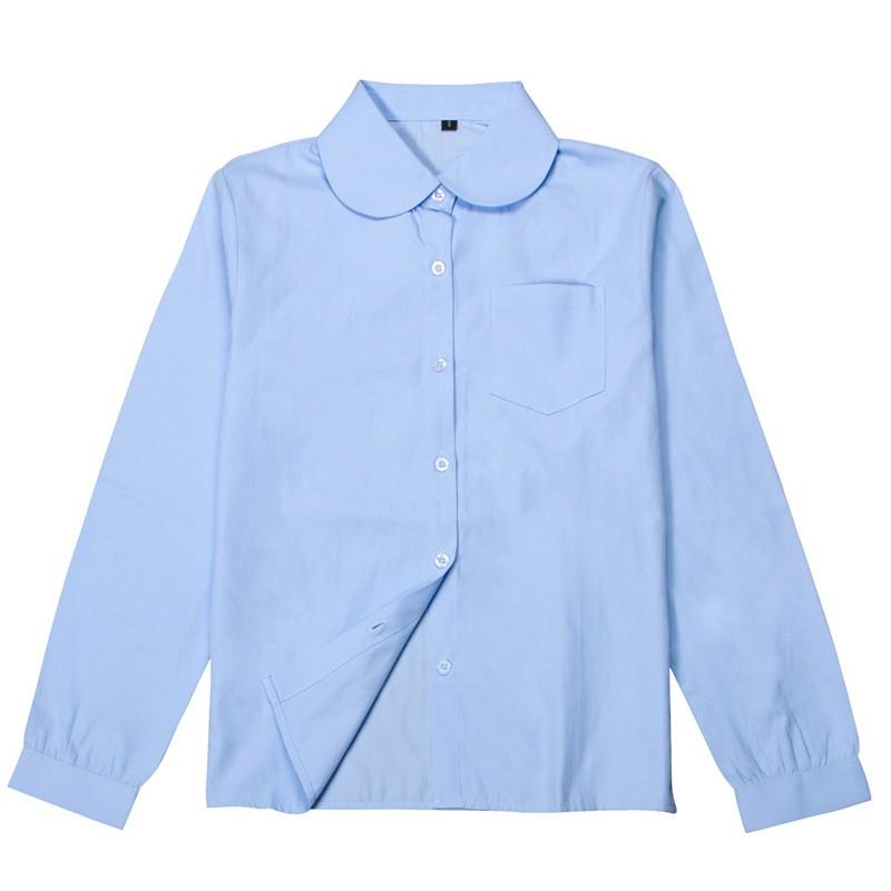 Girls Peter Pan Collar Long Sleeve School Shirt - Classic Uniform Top in White and Light Blue