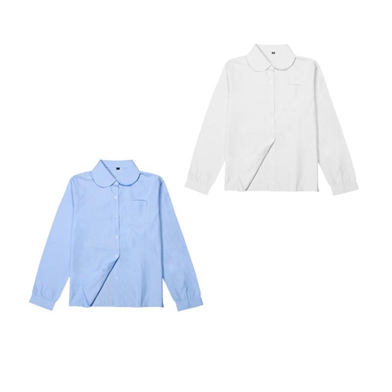 Girls Peter Pan Collar Long Sleeve School Shirt - Classic Uniform Top in White and Light Blue