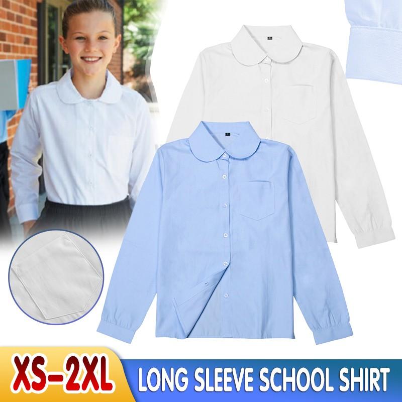 Girls Peter Pan Collar Long Sleeve School Shirt - Classic Uniform Top in White and Light Blue