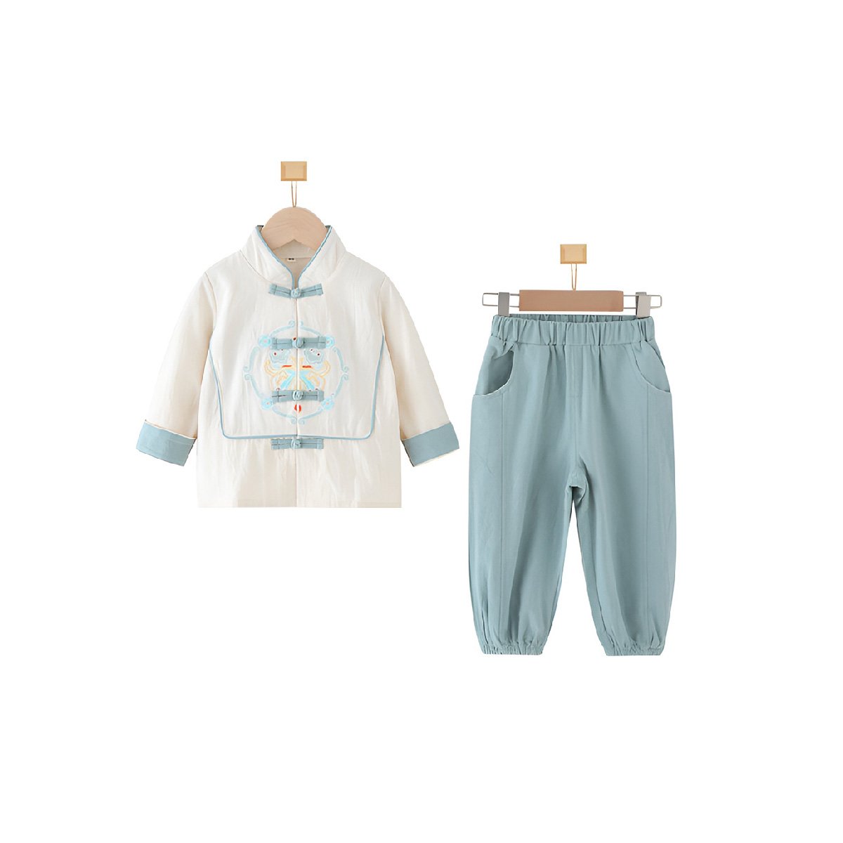 Boys' Tang Suit Hanfu two-piece set - traditional Chinese attire with embroidery in white and light blue