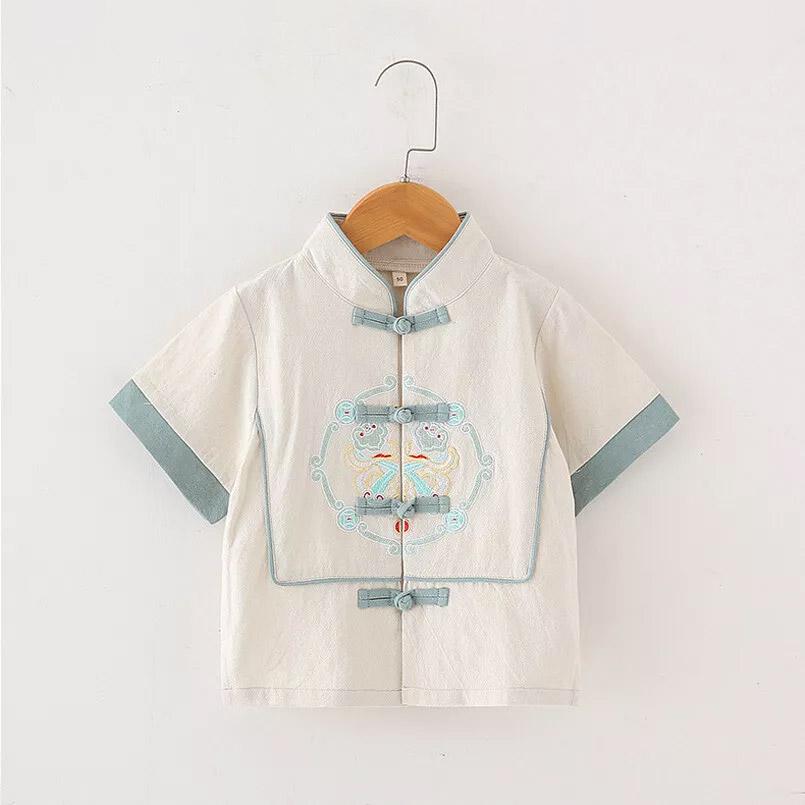 Boys' Tang Suit Hanfu two-piece set - traditional Chinese attire with embroidery in white and light blue