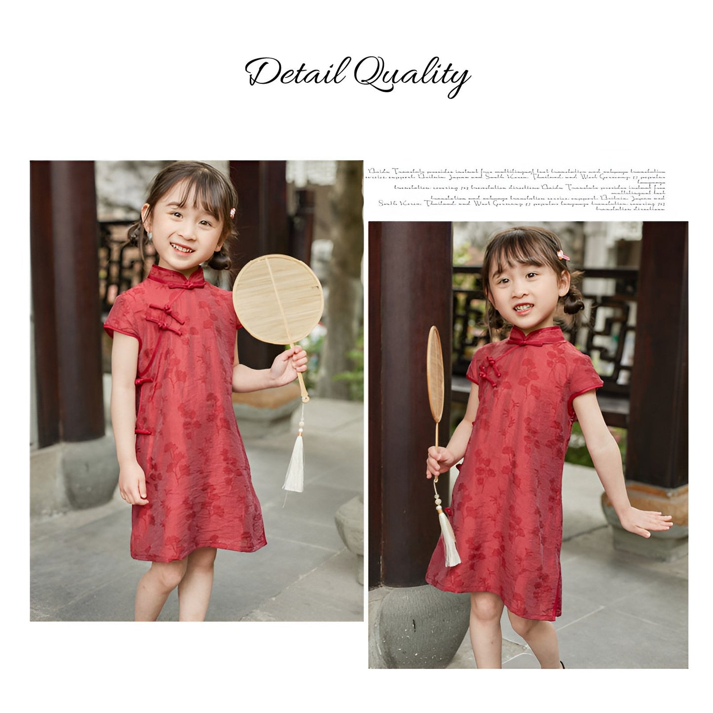 Girl wearing a red Chinese dress with floral print, available in 100-150cm.
