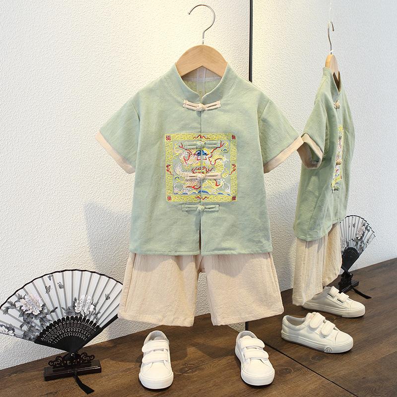 Boys Short-Sleeved Hanfu Two-Piece Suit with embroidered traditional Chinese style