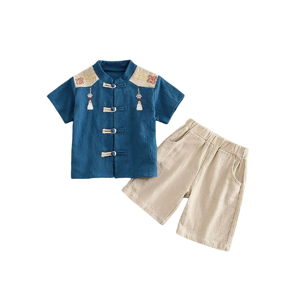 Boys Short-Sleeved Hanfu Two-Piece Suit with embroidered traditional Chinese style