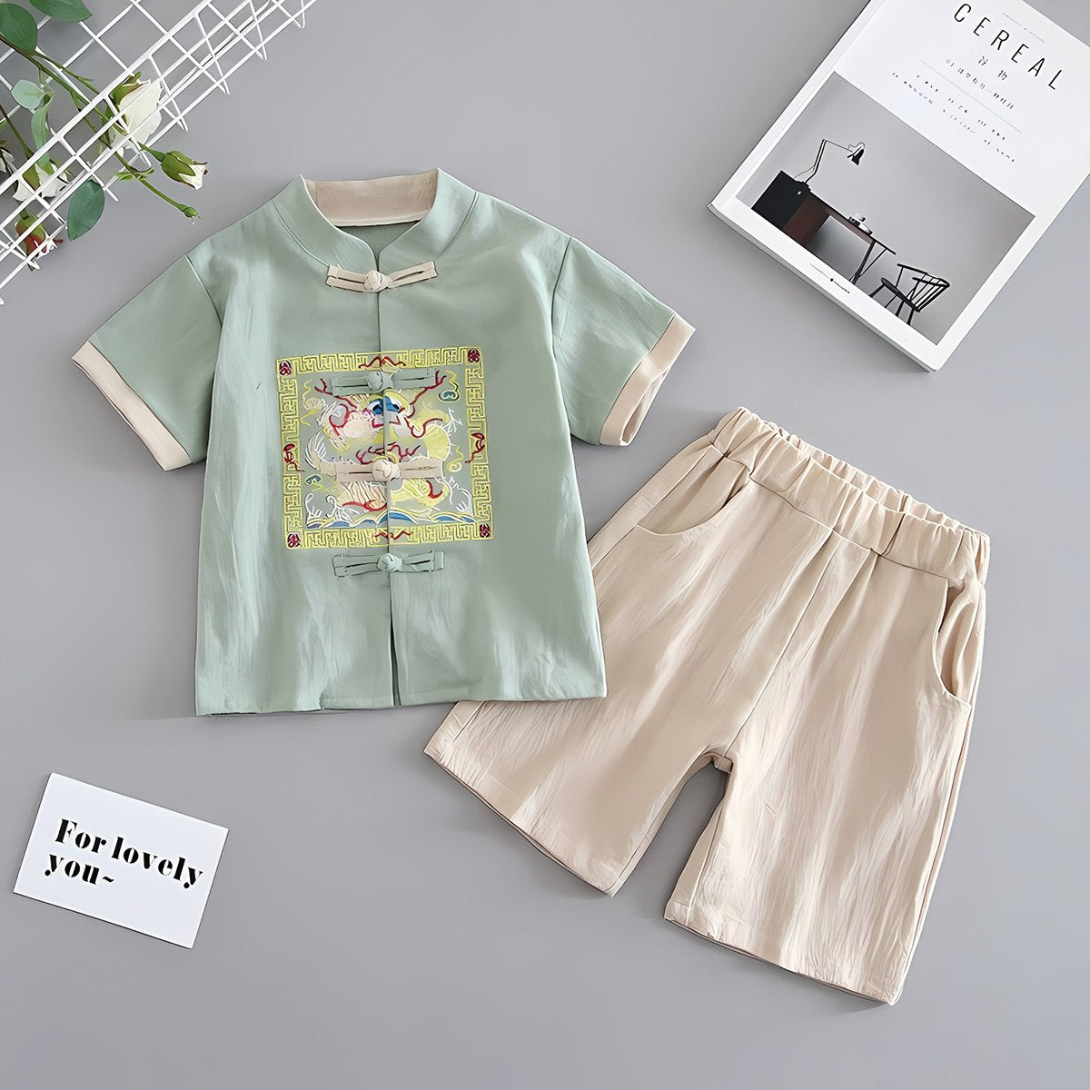 Boys Short-Sleeved Hanfu Two-Piece Suit with embroidered traditional Chinese style