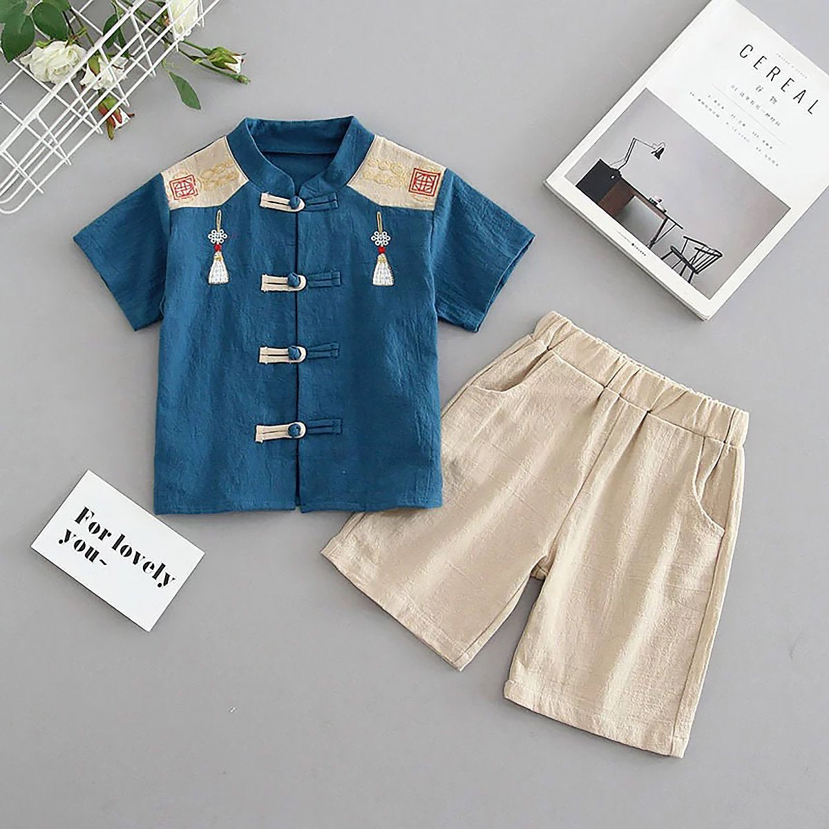Boys Short-Sleeved Hanfu Two-Piece Suit with embroidered traditional Chinese style