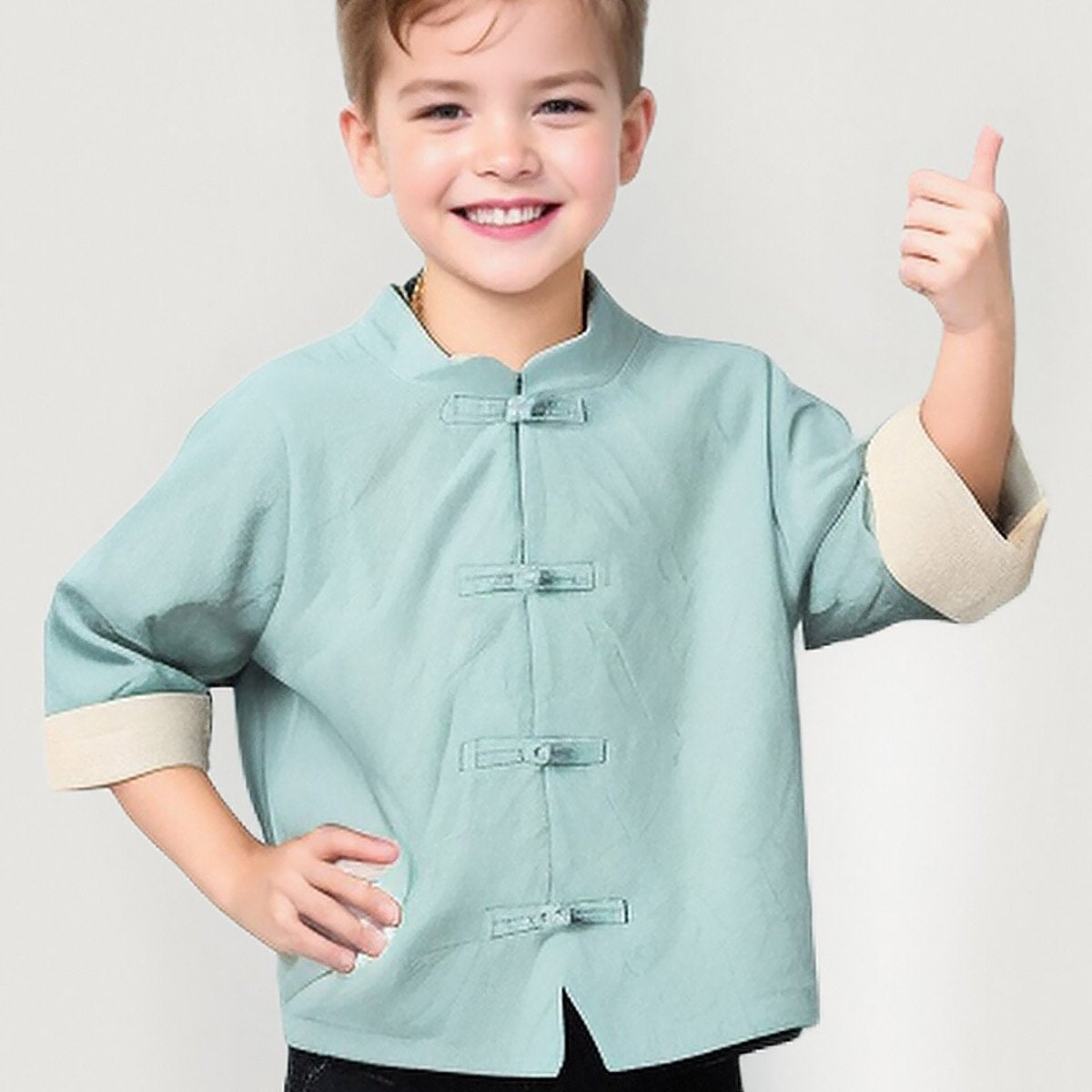 Boys' Tang suit top in green/red - traditional Hanfu design