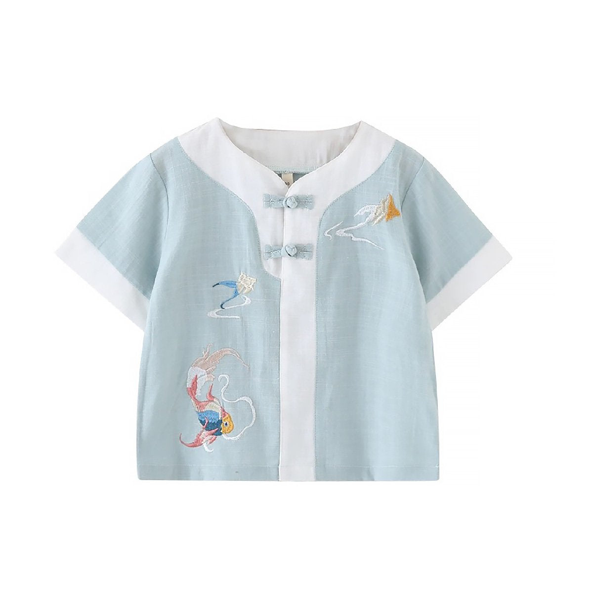 Boys' short-sleeved Hanfu top - traditional Chinese attire with embroidery in blue and light green