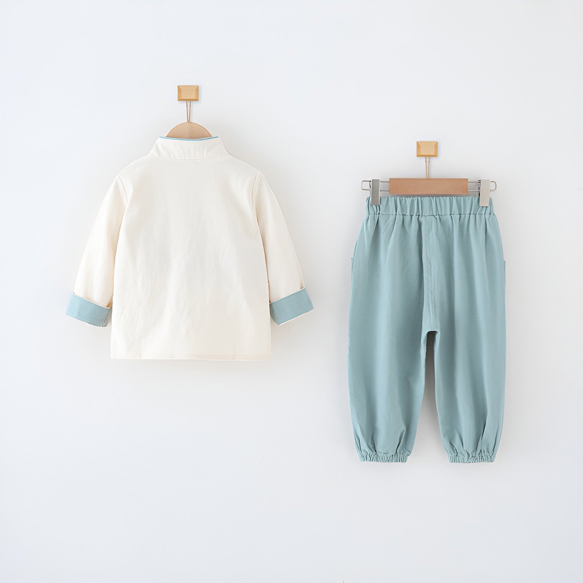 Boys' Tang Suit Hanfu two-piece set - traditional Chinese attire with embroidery in white and light blue