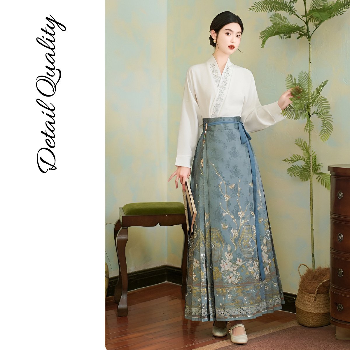 Elegant Chinese style set with horseface skirt and embroidered blouse