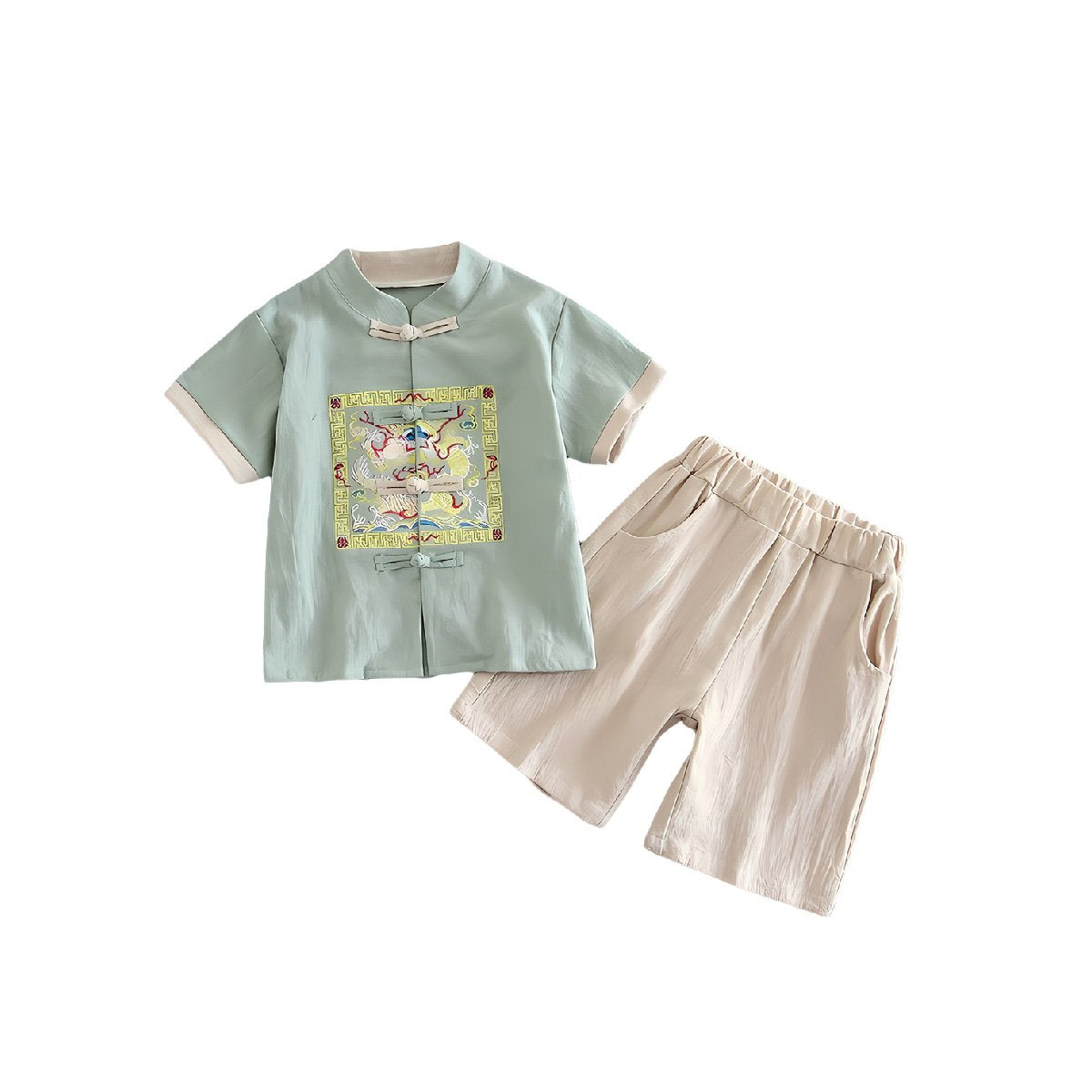 Boys Short-Sleeved Hanfu Two-Piece Suit with embroidered traditional Chinese style