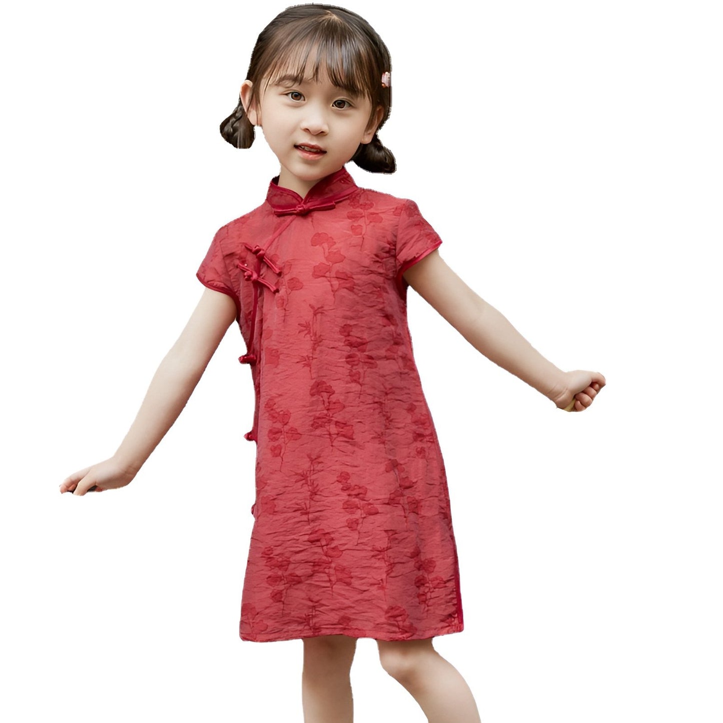Girl wearing a red Chinese dress with floral print, available in 100-150cm.