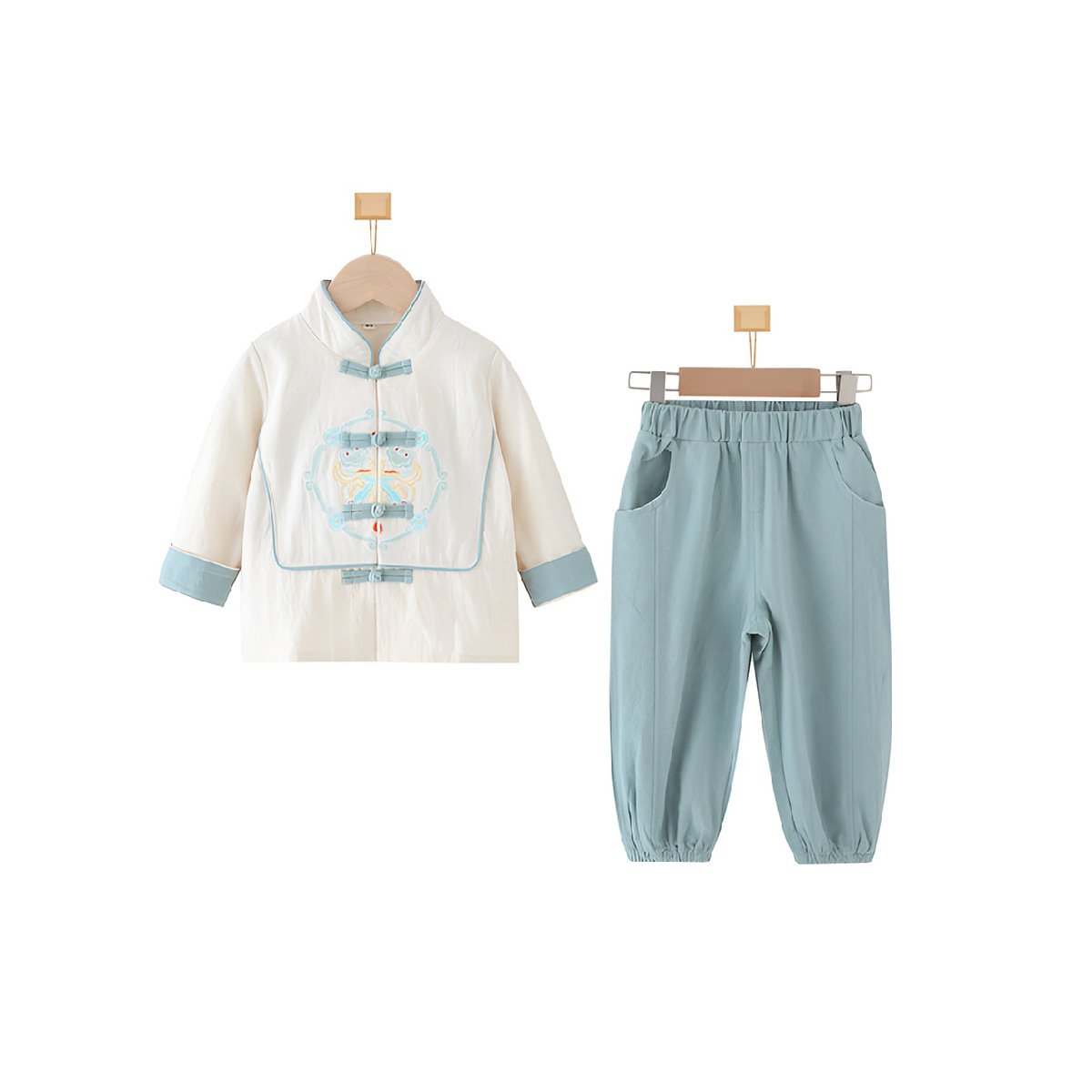 Boys' Tang Suit Hanfu two-piece set - traditional Chinese attire with embroidery in white and light blue