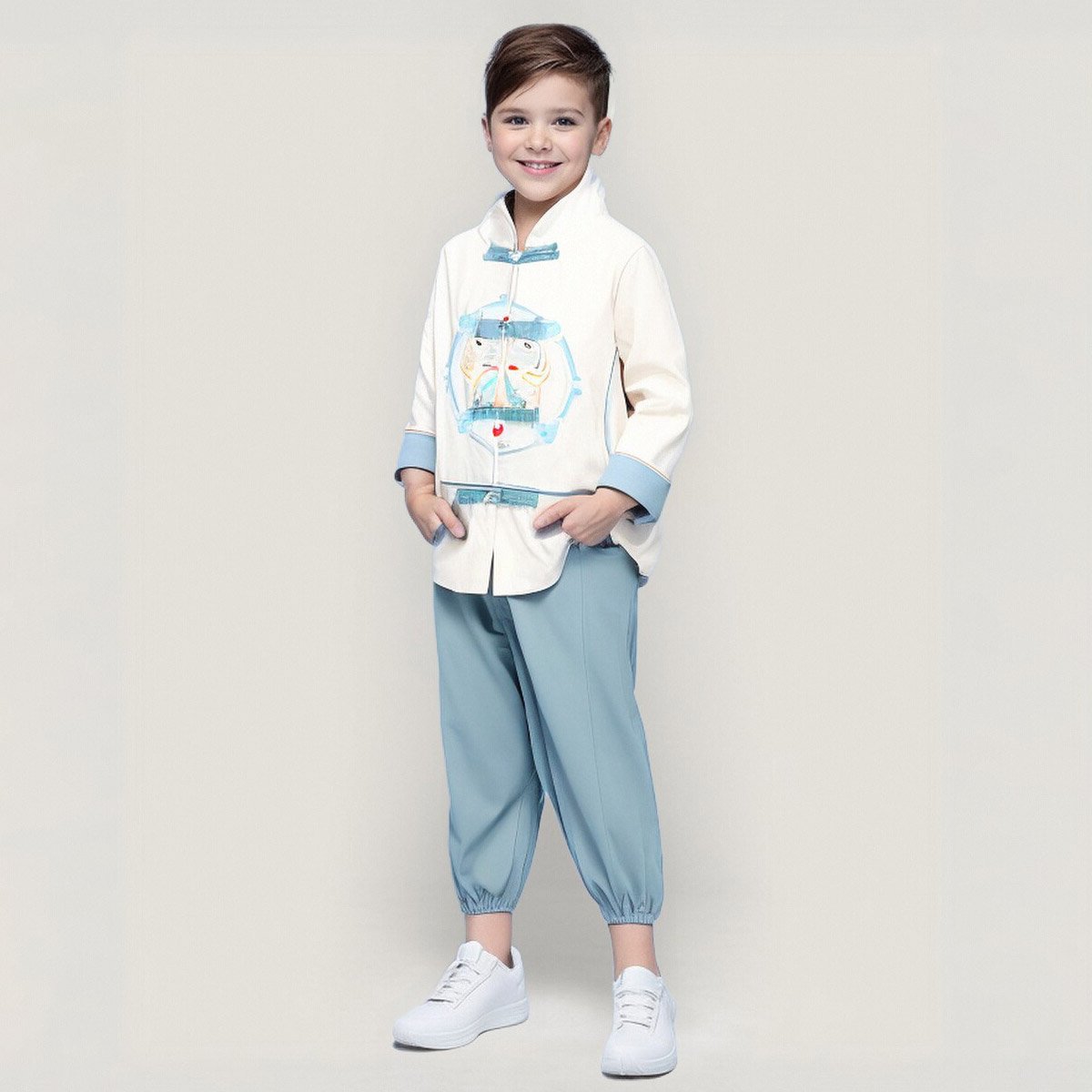 Boys' Tang Suit Hanfu two-piece set - traditional Chinese attire with embroidery in white and light blue