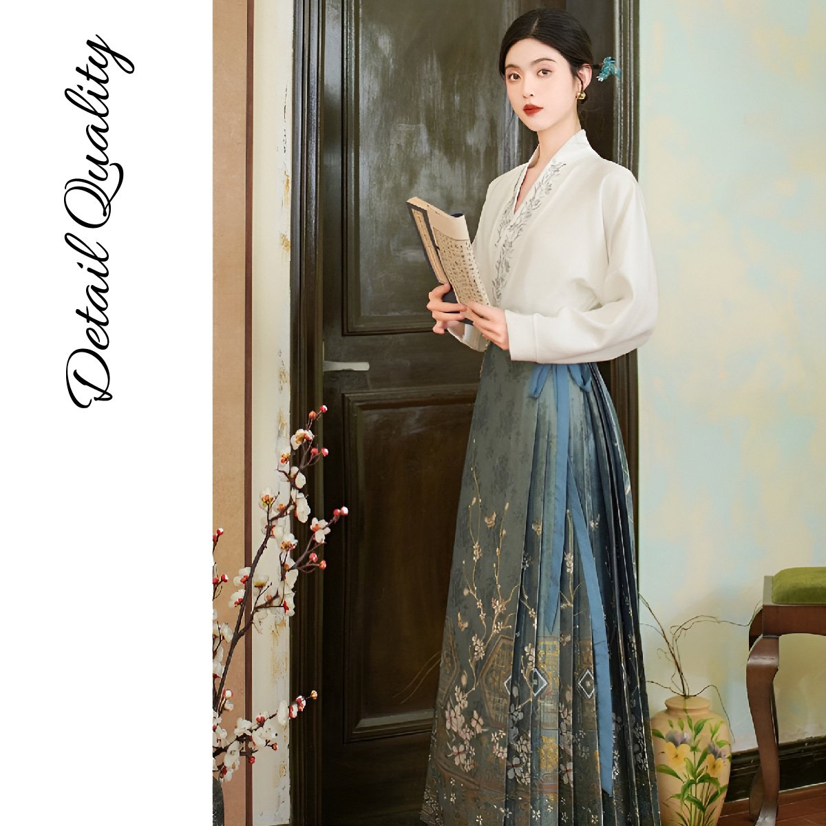 Elegant Chinese style set with horseface skirt and embroidered blouse