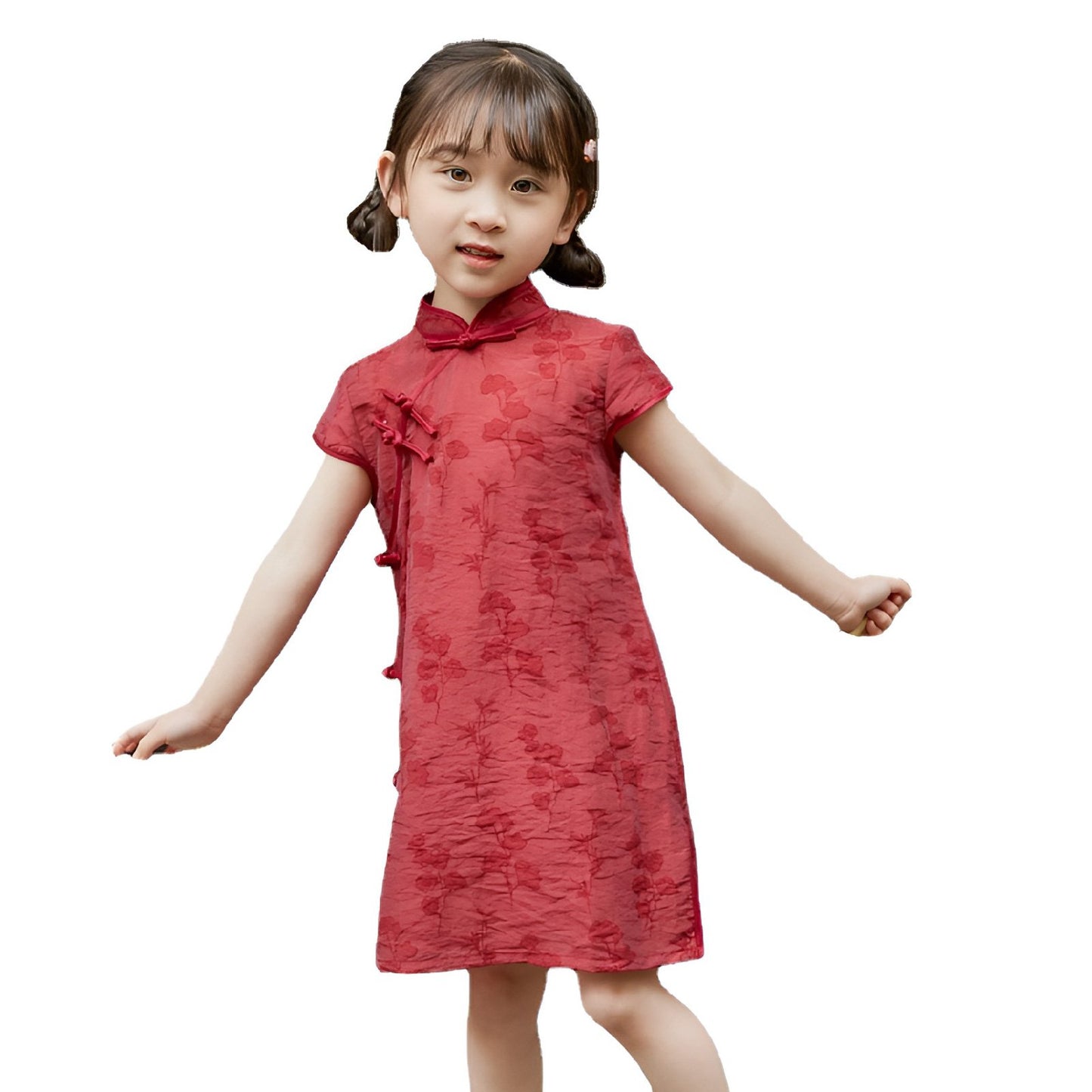 Girl wearing a red Chinese dress with floral print, available in 100-150cm.