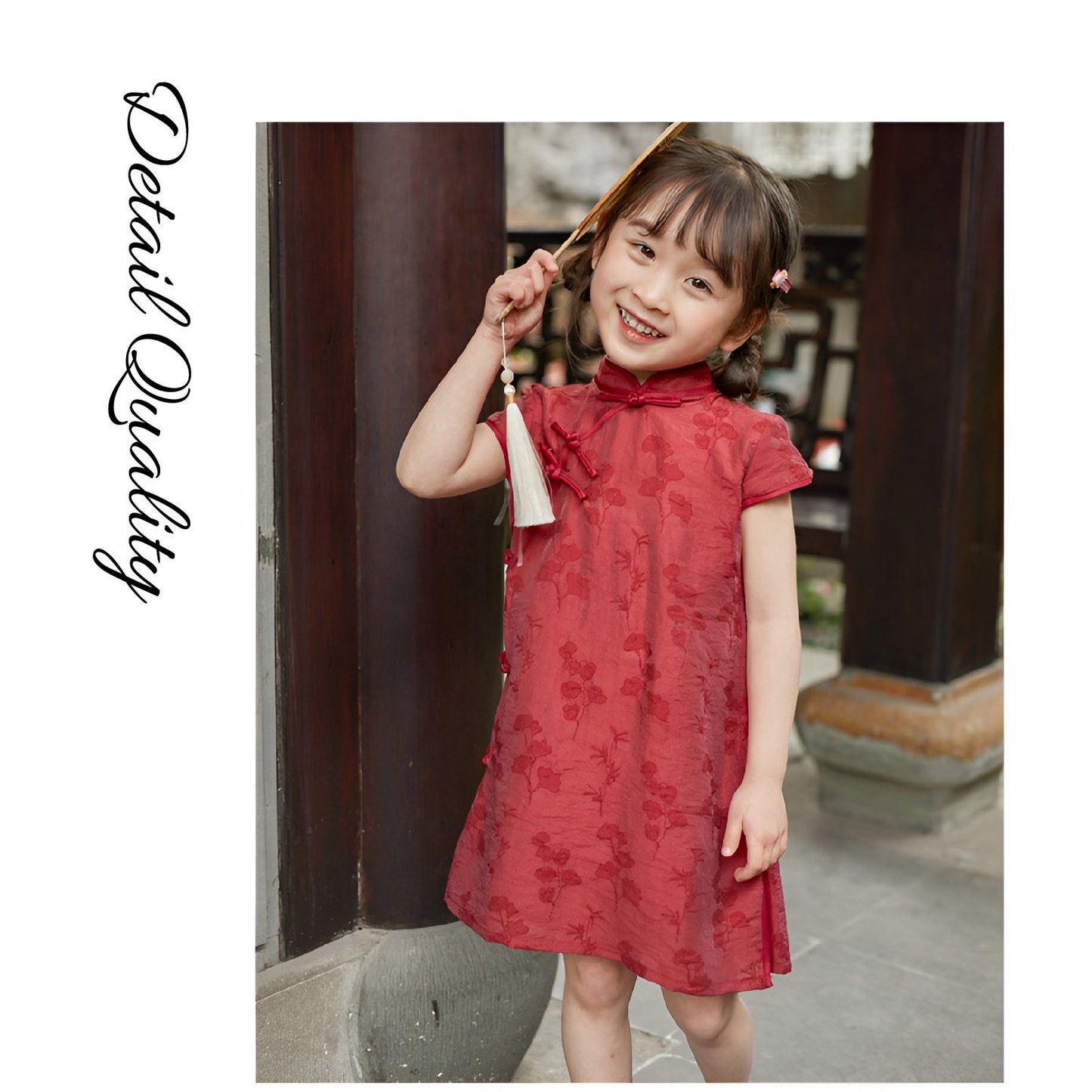 Girl wearing a red Chinese dress with floral print, available in 100-150cm.