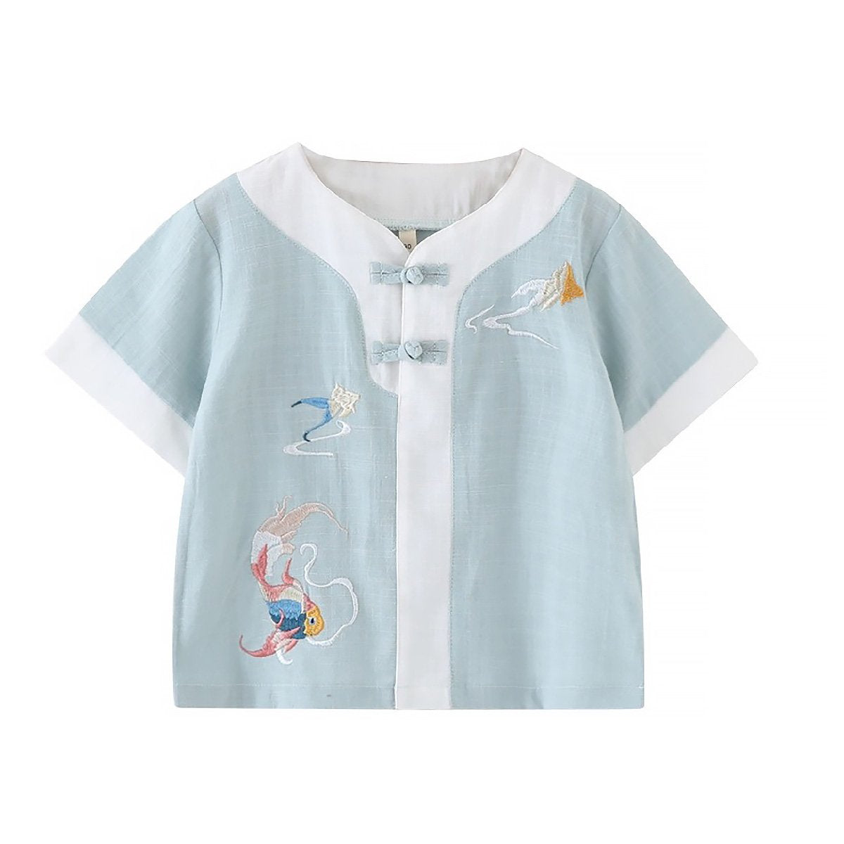 Boys' short-sleeved Hanfu top - traditional Chinese attire with embroidery in blue and light green