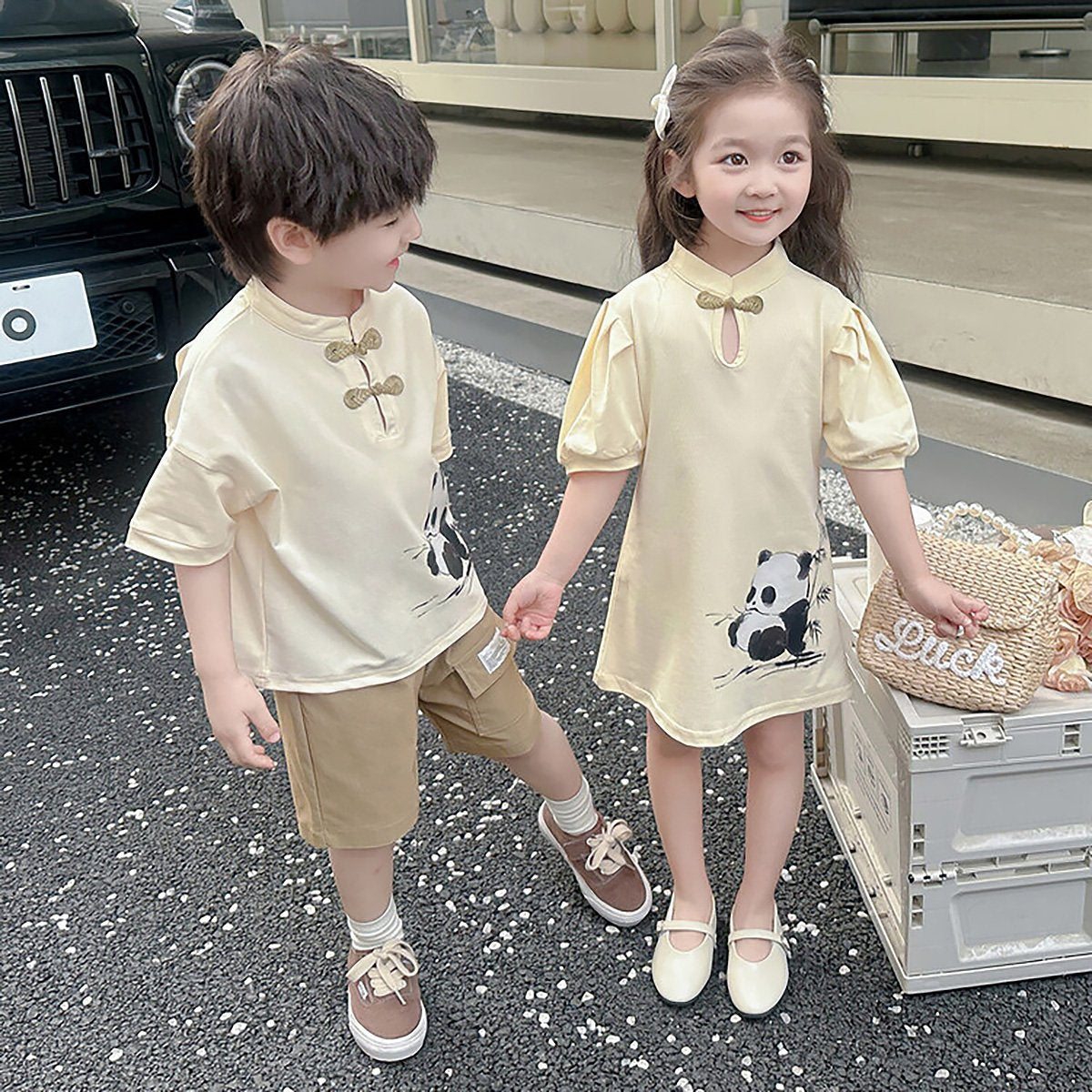 Girls Animal Print Dress with panda design traditional Chinese outfit