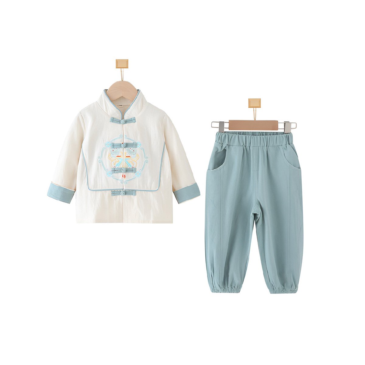 Boys' Tang Suit Hanfu two-piece set - traditional Chinese attire with embroidery in white and light blue