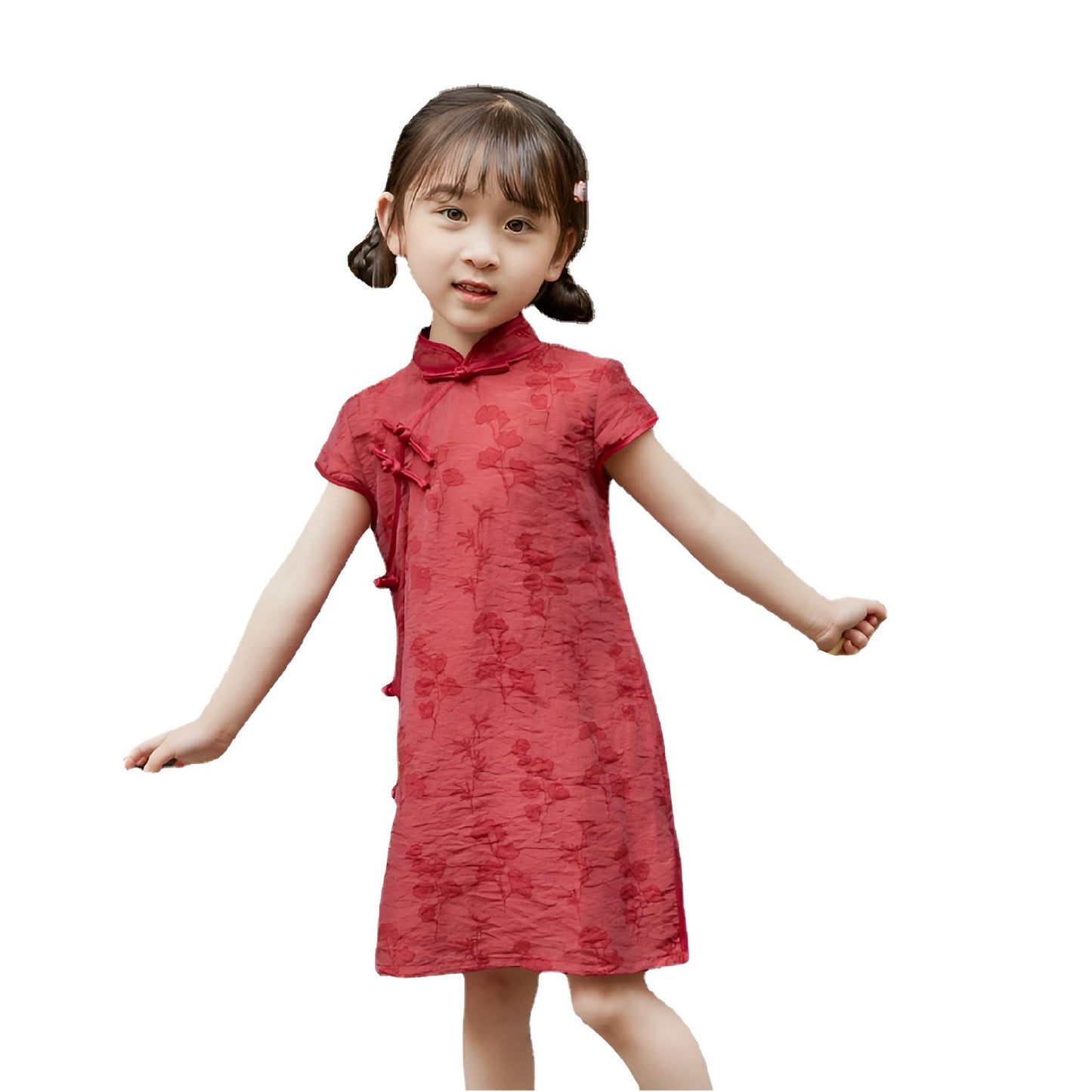 Girl wearing a red Chinese dress with floral print, available in 100-150cm.