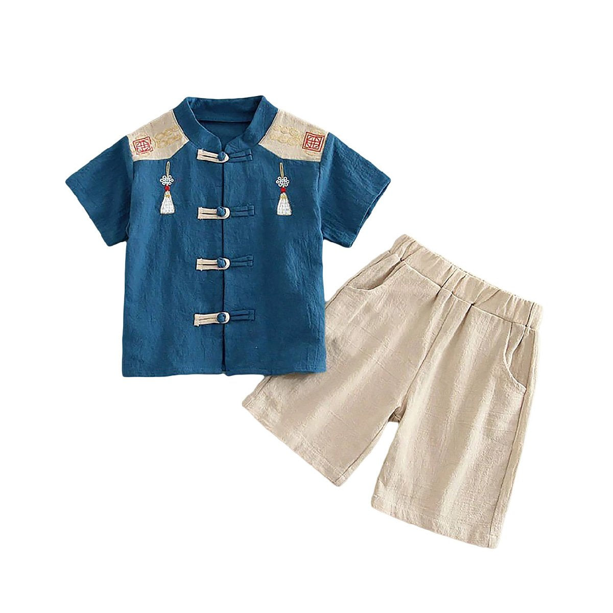 Boys Short-Sleeved Hanfu Two-Piece Suit with embroidered traditional Chinese style