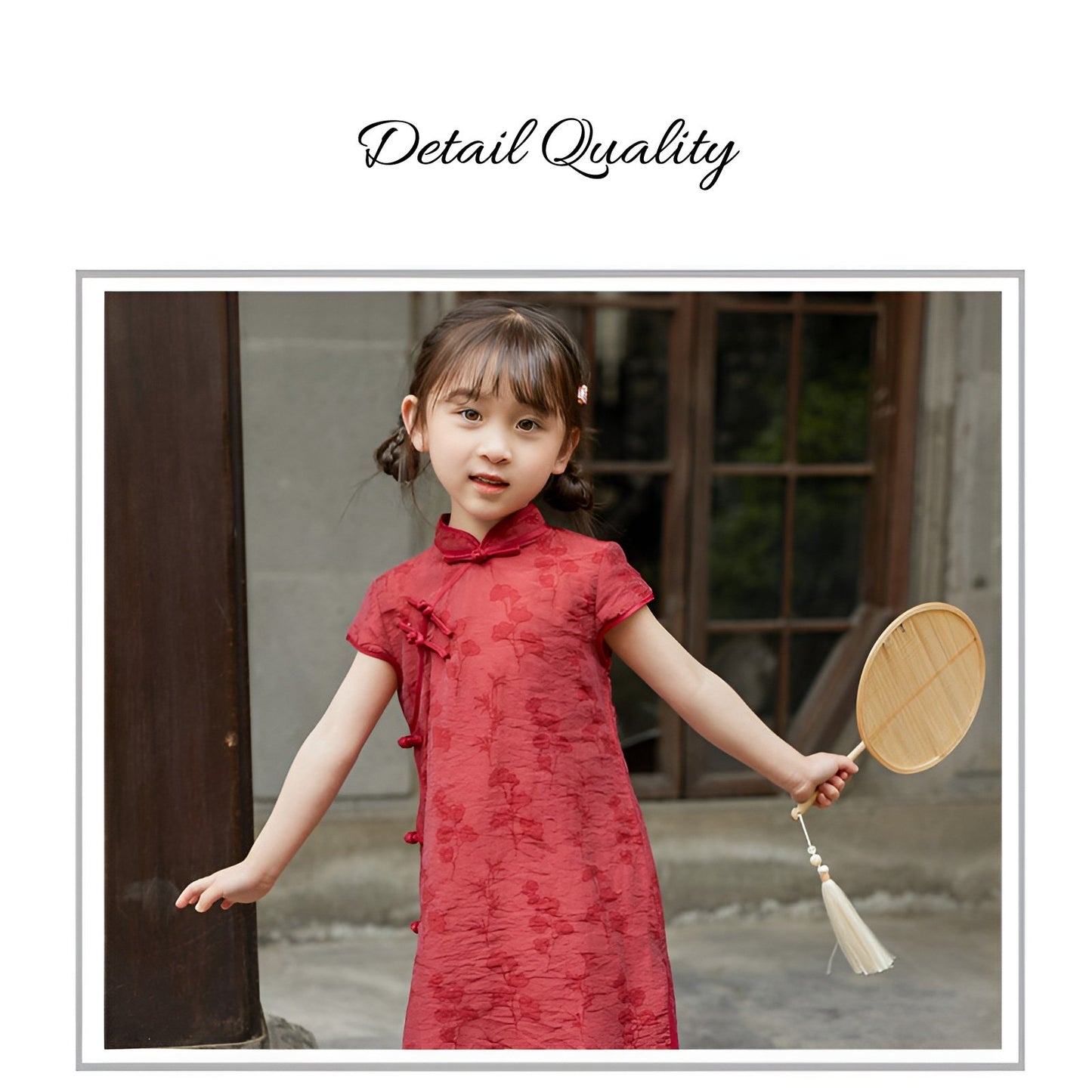 Girl wearing a red Chinese dress with floral print, available in 100-150cm.