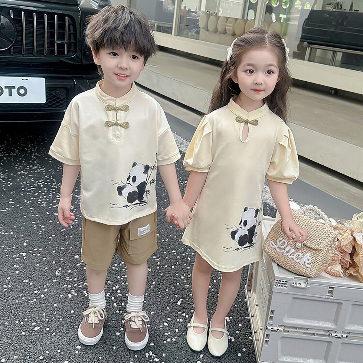 Girls Animal Print Dress with panda design traditional Chinese outfit