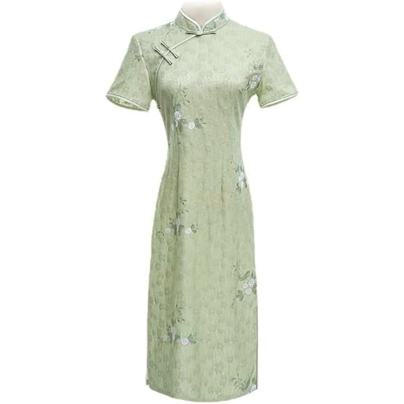Woman wearing a pastel green modern Cheongsam dress with floral lace embroidery,