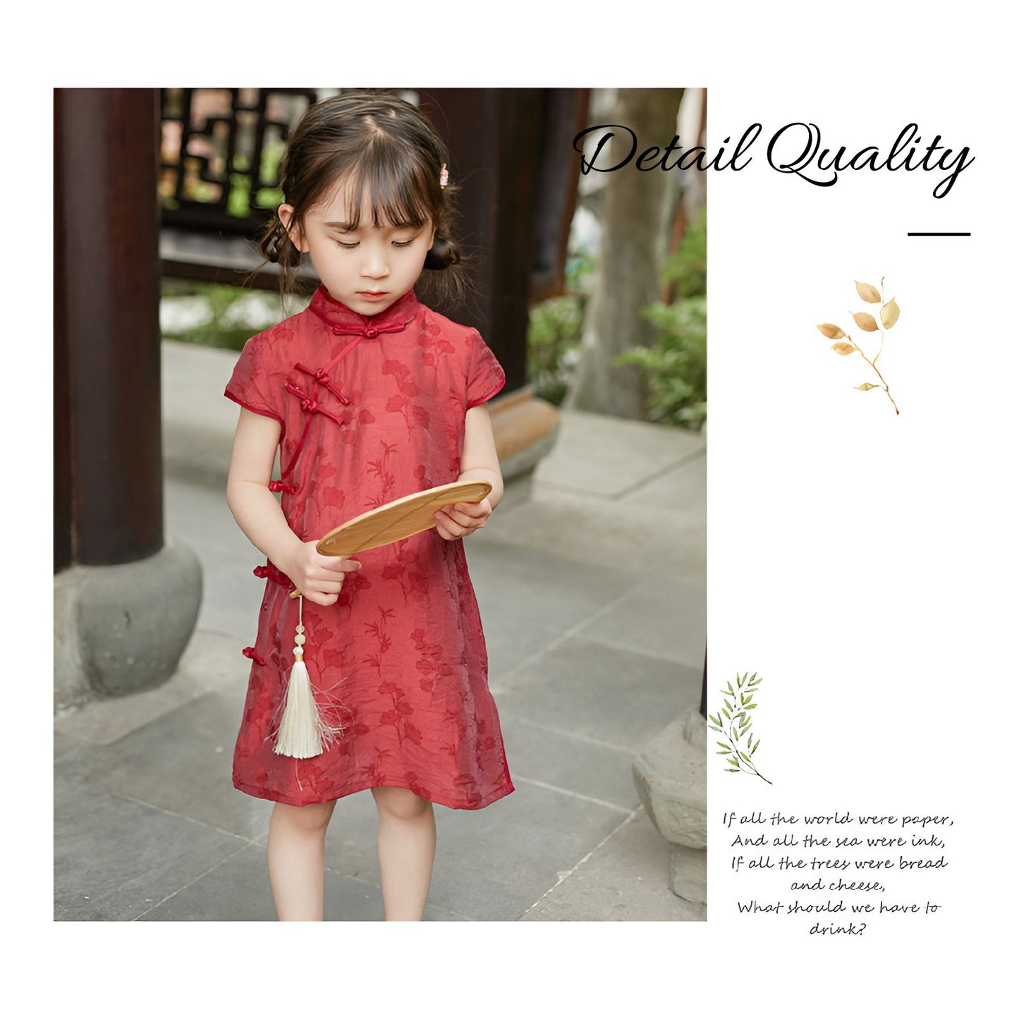 Girl wearing a red Chinese dress with floral print, available in 100-150cm.