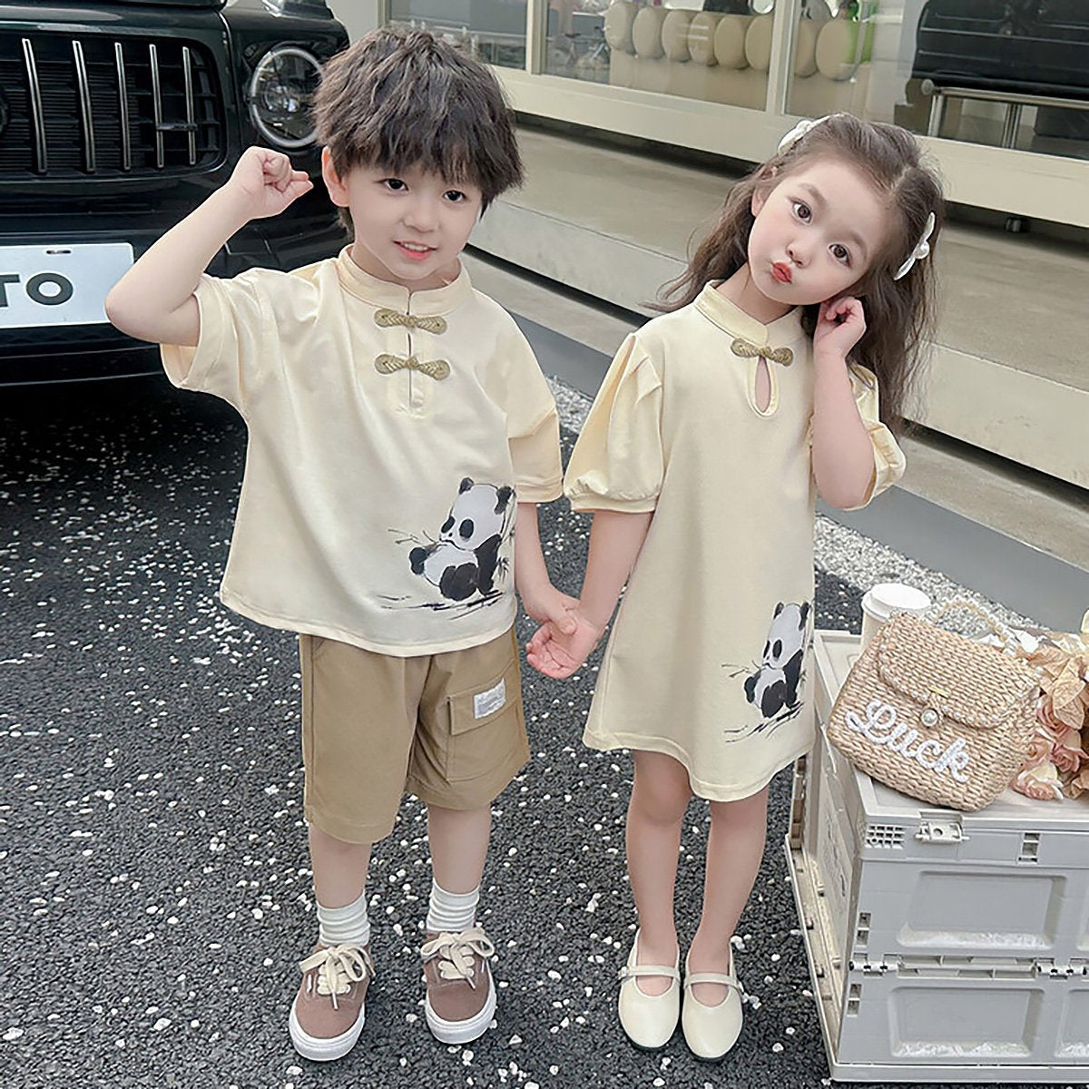 Girls Animal Print Dress with panda design traditional Chinese outfit