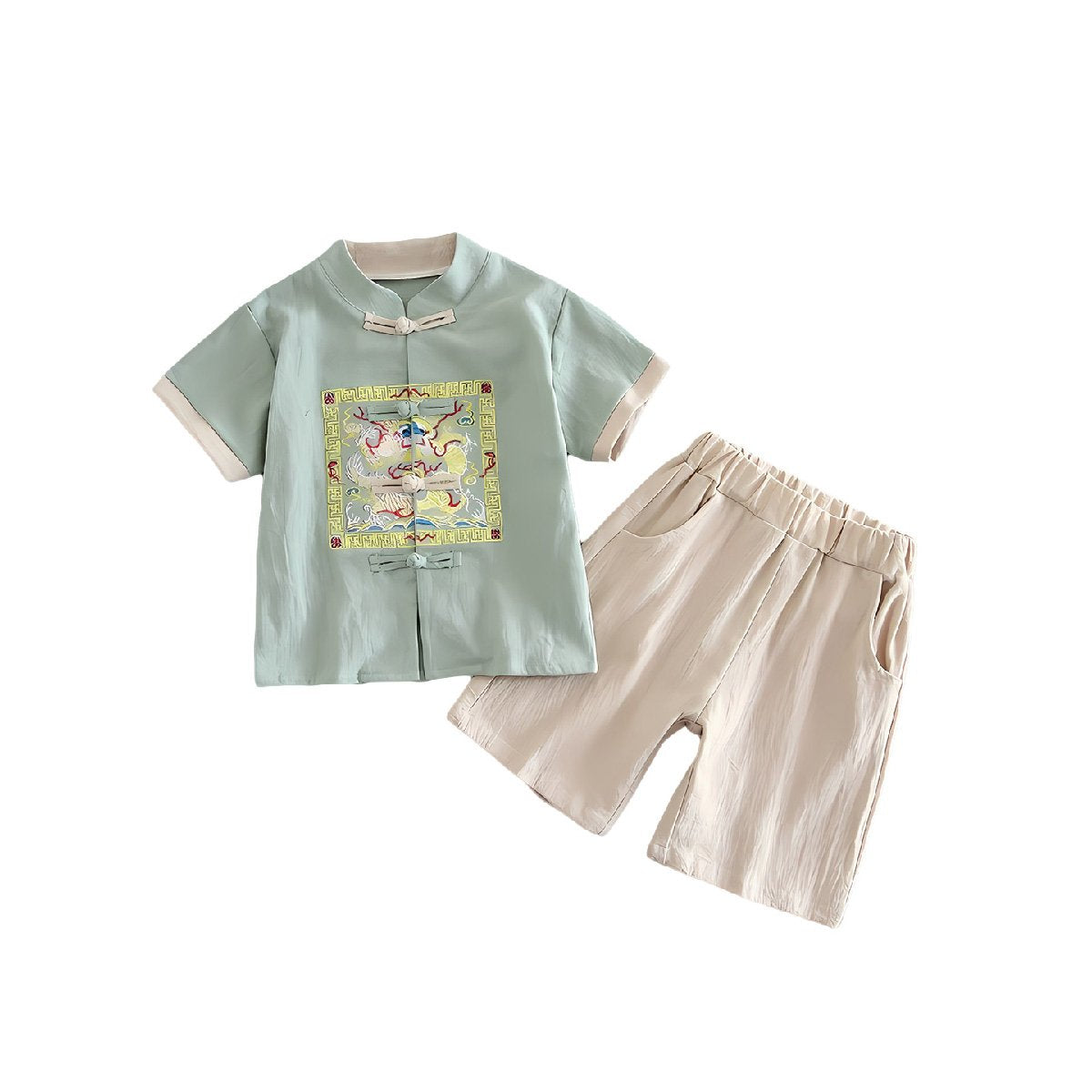 Boys Short-Sleeved Hanfu Two-Piece Suit with embroidered traditional Chinese style