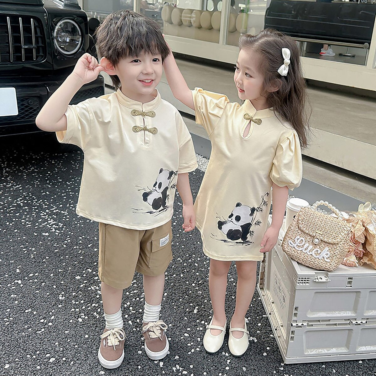 Girls Animal Print Dress with panda design traditional Chinese outfit