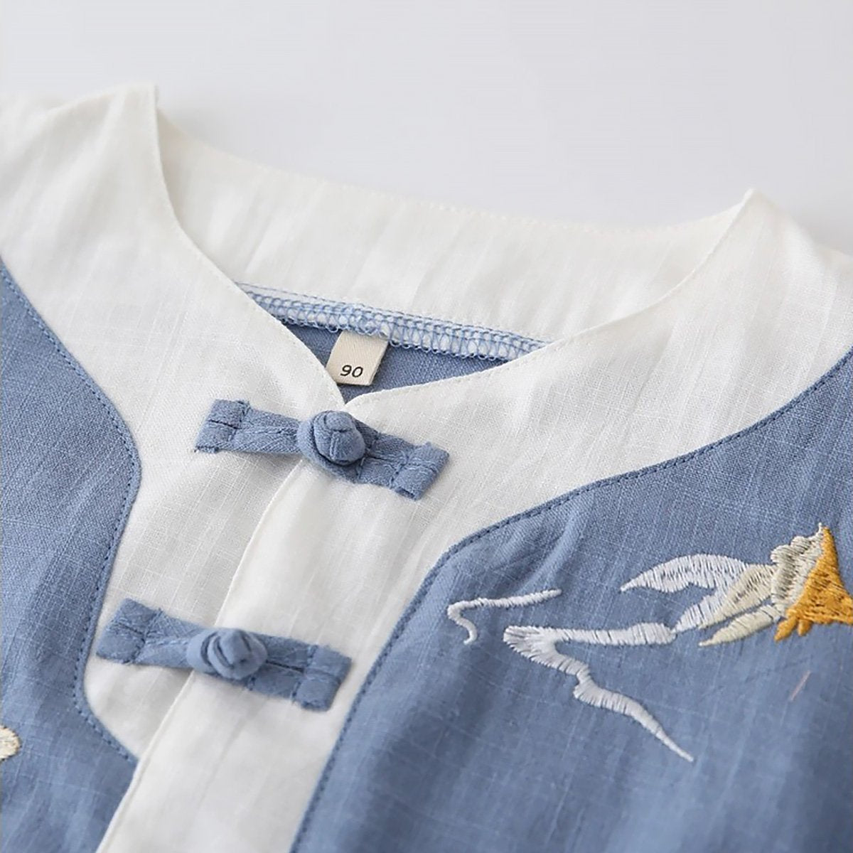 Boys' short-sleeved Hanfu top - traditional Chinese attire with embroidery in blue and light green