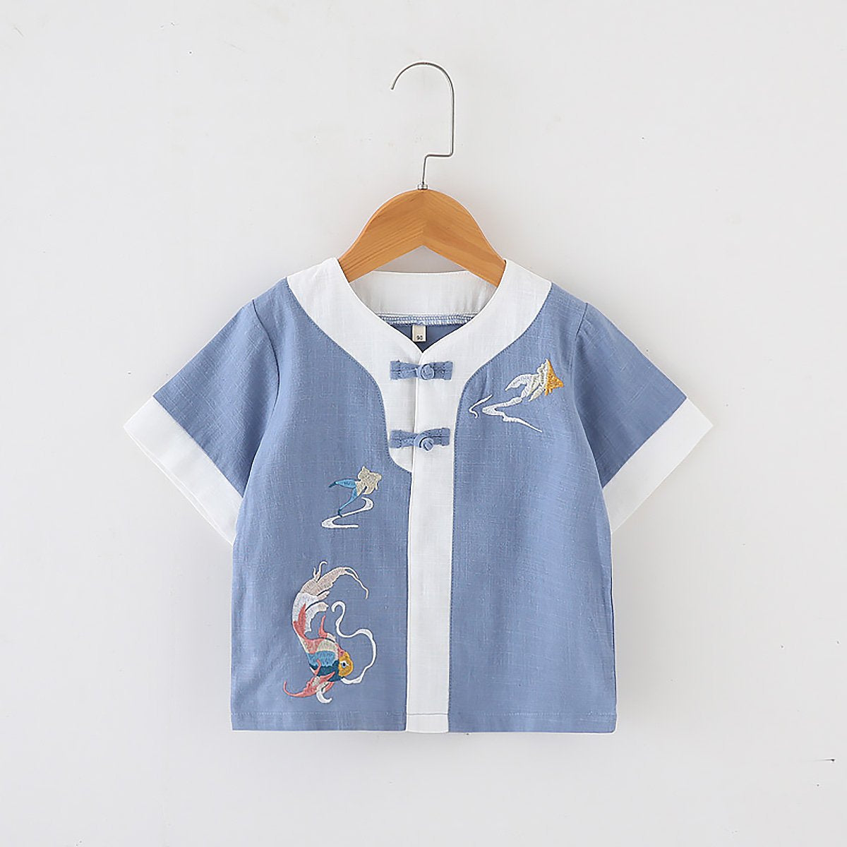 Boys' short-sleeved Hanfu top - traditional Chinese attire with embroidery in blue and light green